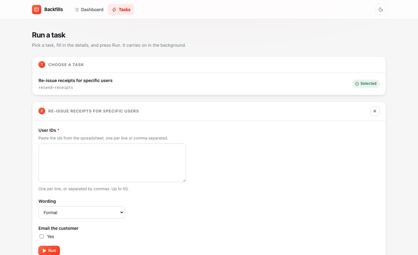 The operator panel: choose a task, fill in the declared fields, press Run